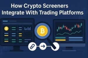 Horizontal illustration showing a crypto screener connected to a trading platform, with charts, indicators, and a magnifying glass highlighting integration.